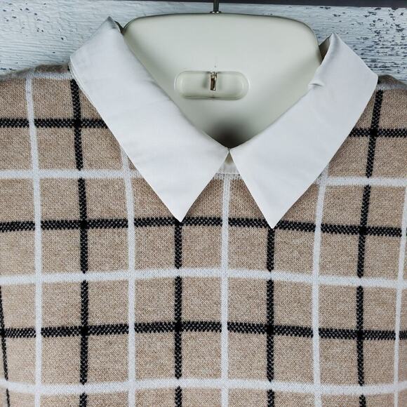 Tahari Women’s Long Sleeve Plaid Layered Tan Sweater Size Medium Preppy - Picture 2 of 10
